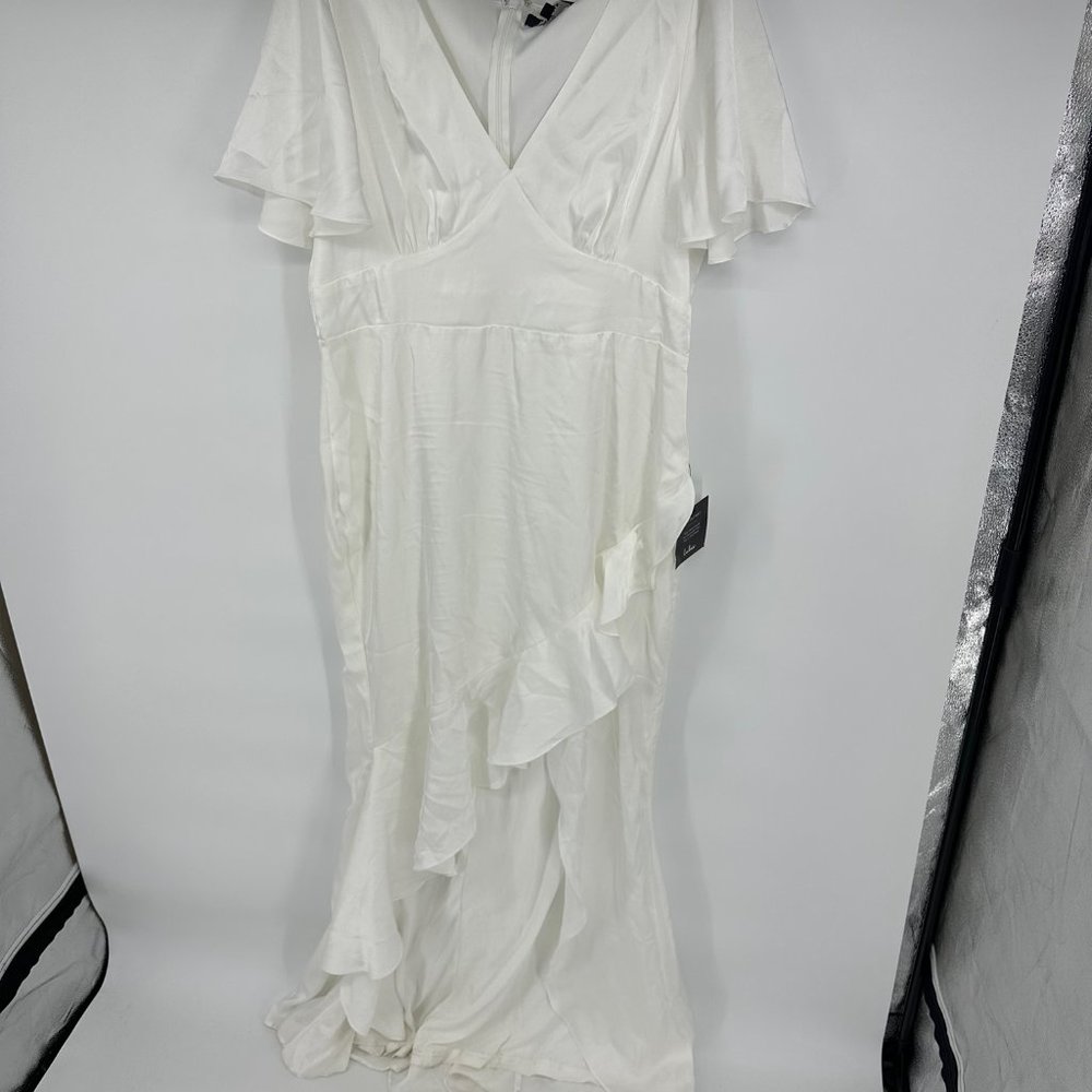 Lulu's Eternal Bond White Satin Ruffled Flutter Sleeve Maxi Dress Flawed NWT XL - Picture 3 of 12